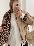 Tineit Office Leopard Print Cotton Quilted Jacket Women Casual Contrasting Color Single Breasted Lapel Coats Winter Street Outerwear