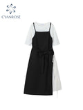 christmas outfit Tineit Sleeveless Split Dress Women Casual Patchwork Loose O-Neck Daily Korean Style Fake Two Piece 2025 Summer Chic Dresses Female