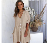 dti outfits Spring Loose plus Size V-neck Button All-Match Pocket Short Sleeve Female Dress