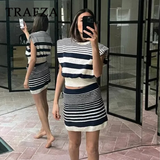 cold weather outfits Tineit 2024 Spring Summer Casual Knitted Striped Women Suit Fashion Vintage O Neck Sleeveless Short Tops+Chic Short Pencil Skirt