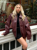 Tineit New Burgundy Chic Zipper Front Leather Bomber Jacket Women's Fashion Oversized Lapel Full Sleeved Coat 2025 Lady High Streetwear