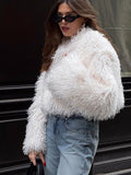 Tineit White Short Faux Fur Coat Women Fashion Loose Turn-down Collar Furry Long Sleeve Outerwear jacket 2025 Autumn Plush Overcoats