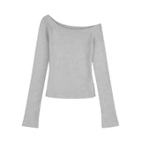 Tineit Sexy Pullovers Women Off Shoulder Cropped Knitted Basic Clothes Autumn All-match Side Slit Simple Tender Slim Gentle chic