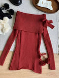 Tineit Winter Kawaii Sweet 2 Piece Set Woman Off Shoulder Bow Knitted Tops + Mini Cake Skirt Female Korean Fashion Casual Suit 2025 New