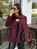 Tineit Chic Women's Burgundy Scarf Collar Woolen Suit Jacket 2025 Elegant Flap Pockets Single Breasted Coat Female New Office Outerwear