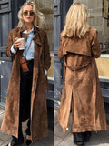 Tineit Suede Women Long Coat With Belt Vintage Lapel Double Breasted Split Lady Overcoat 2025 New Autumn Lady Long Jacket Street Tops