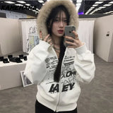 Tineit Winter Love Song Design Sense Furry Patchwork Hooded Zipper Coats American Fleece Jacket E-girl Gothic Grunge Black Coats