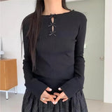 Tineit Fashion All-match Long Sleeve Knitted Tops Women Y2k E-Girl O-neck Hollow Out Bow T-shirts 2025 New Slim Fit Tee Shirt