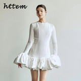 Tineit Elegant Ruffles Mini Dress Women Slim Ribbed O-neck Flare Sleeves Female Party Dresses 2024 Autumn Lady Solid Evening Robes New