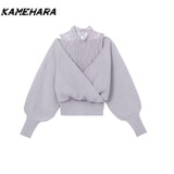 Tineit Japanese Lace Neck Knitted Sweater Autumn High Waisted Hip Hugging Skirt Sexy Off Shoulder Sweater Sweet Two Piece Sets