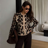 Tineit Leopard Print Knitted Cardigans Women O-neck Soft Single Breasted Loose 2025 Winter Sweater Female Fashion Chic Long Sleeve Coat