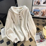 thanksgiving outfit Tineit Korean Knitted Hooded Sweater Women Fall Winter Long Sleeved Warm Buttons Loose Pullover Solid Harajuku Lazy Sprots Sweatshirt