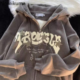 Tineit Thicked Streetwear Hoodies Women Clothing Letter Embroidery Hooded Sweatshirts Y2k Tops Vintage Corduroy Oversized Hoodie Coat