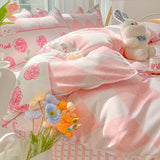 Tineit Ins Pink Rose Bedding Set Polyester Bed Sheet Pillowcase Quilt Cover Full Twin Queen Size Bed Linen Girls Floral Duvet Cover