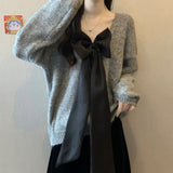 thanksgiving outfit Tineit Bow Sexy Backless Women Sweater Knitted Reversible Gray Loose Lazy Chic Pullover Simple Harajuku Sweet Student Jumpers