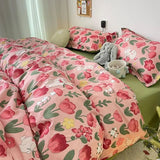 Tineit Ins Pink Tulip Bedding Set Floral Duvet Cover Flat Sheet with Pillowcases No Filling Single Queen Size Boys Girls Bed Linen