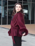 Tineit 2025 Burgundy Elegant Lace Up Faux Fur Cuffs Woolen Coat New Women's Fashion Long Sleeve Lapel Jacket Temperament Ladies Outwear