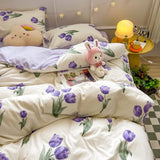 Tineit Floral Bedding Set Ins Lilac Duvet Cover with Zipper No Filler Flat Sheet Pillowcase Twin Full Queen Size Girls Bed Linens