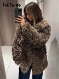 Tineit Vintage Women's Fluffy Fur Coat Loose Lapel Long Sleeve Female Furry Jacket 2024 Autumn Winter Lady Street Solid Thicken Outwear