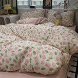 Tineit White Green Bedding Set Floral Ins Duvet Cover with Zipper No Filler Flat Sheet Pillowcase Twin Queen Size Bed Linens