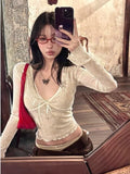 Tineit 2025 Coquette Aesthetic Mesh T Shirts Women Vintage V Neck Lace Bow Cropped Tops Y2k Sexy Slim Fit Long Sleeve Tee Shirts