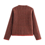 thanksgiving outfit Tineit 2024 Autumn New Product Women's Classic Red Checkered Round Neck Long Sleeve Small Fragrant Knitted Sweater Coat