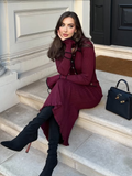 Tineit 2025 Fashion Burgundy Lapel Ruffles Knitted Midi Dress Women's Elegant Skinny Buttons Flare Sleeved Robe New Female Chic Vestido