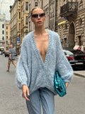 Tineit Sequin Sparkling Fashion Cardigan Women Deep V-neck Sexy Single Breasted Oversize Long Sleeve Sweater Female 2025 Autumn Coat