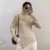 thanksgiving outfit Tineit Zoki Autumn Warm Turtleneck Knit Sweater Women Fashion Split Irregular Slim Chic Pullover Korean Thick Solid All Match Jumpers