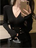 Tineit 2025 Autumn Black Casual Knitted Sweater Woman Outwear Basic Korean Fashion Blouse Office Lady Bodycon Slim Y2k Crop Tops Chic