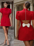 Tineit Elegant Bow Hollow Out Mini Dress Women Slim Half High Collar Puff Sleeve Backless Female Dresses 2024 Summer Lady Party Robes