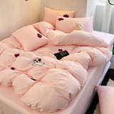 Tineit Ins Pink Stripe Bedding Set Towel Embroidery Duvet Cover Set Queen Twin Full Size Bed Flat Sheet Quilt Cover Pillowcases Kawaii