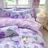 Tineit Ins Blue Flower Duvet Cover Set Soft Flat Sheet Quilt Cover Pillowcase Bed Linen Girls Twin Queen Full Size Fashion Bedding Sets