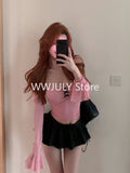 Tineit New Off Shoulder Cropped T Shirts Women Korean Fashion Sweet Bow Mesh Tops Coquette Aesthetic Slim Long Sleeve Tees Design