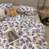 Tineit Floral Bedding Set Kawaii Rabbit Duvet Cover Flat Sheet Pillowcase Soft Bed Linens Single Full Dormitory Bedroom Home Textile