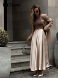 Tineit Elegant Blazers Satin Skirt Sets Women Loose Open Stitch Suit Coat Pleated  Solid A Line Skirt 2024 Autumn Lady Commute Outfits