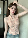 Tineit Woman Summer Shirt Sleeveless Plaid Lapel Summer Pleated Slim Fit Design Hot Girl Top Version Niche Pure Desire Korean