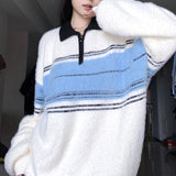 Tineit 2024 Fall Fashion Half Zip Striped Fuzzy Oversized Sweater