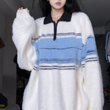 Tineit 2024 Fall Fashion Half Zip Striped Fuzzy Oversized Sweater