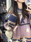 Tineit 2024 Fall Fashion Contrast Color Stripe Star Jacquard Sweater