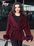 Tineit 2025 Burgundy Elegant Lace Up Faux Fur Cuffs Woolen Coat New Women's Fashion Long Sleeve Lapel Jacket Temperament Ladies Outwear