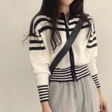 thanksgiving outfit Tineit Striped Knitted Sweatshirt Women Patchwork Sporty Stand Collar Chic Running Spring Fall Jacket Simple Zipper Cropped Sweater