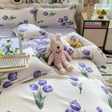 Tineit Floral Printed Duvet Cover Fresh Tulip Flower Comforter Cover and Sheet Pillowcase Skin-friendly Girl Home Bedding Set NO Filler