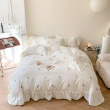 Tineit 3pcs Rose Embroidered Duvet Cover Set (1*Duvet Cover + 2*Pillowcase, Without Core), Princess Style Lace Bedding Set