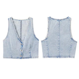 Tineit Fashion Denim Vest Mini Skirt Suits Slim V-neck Sleeveless Single Breasted Vests High Waist Skirts 2024 Summer Lady 2 Pieces Set