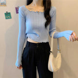 thanksgiving outfit Tineit Autumn Slim Knitted Crop Sweaters Women Fashion Solid Long Sleeve Square Collar Pullovers Korean All Match Chic Casual Sweaters