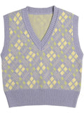 Tineit 2024 Fall Fashion V Neck Lavender Argyle Sweater Vest