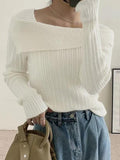 Tineit Solid Lapel Neck Slim Knit Sweater