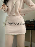 Tineit Pink Korean Fashion Knitted Suit Elegant 2 Piece Set Woman Casual Sweater Tops + Sexy Bodycon Mini Skirt Office Lady 2025 Autumn