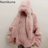 Tineit Winter Oversized Warm White Faux Fur Coats Women Clothes Bunny Ears Kawaii Sweet Cute Japanese Y2k Tops Fluffy Jacket Hoodie